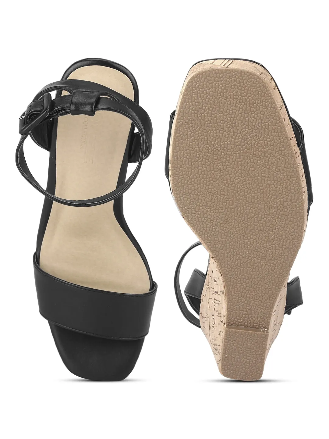 Black PU Wedge Heel Sandals