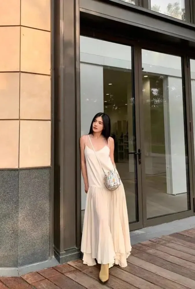 Boho Beach Maxi Dress - Ivory Spaghetti Strap - Loose Slip Long Dress Aury