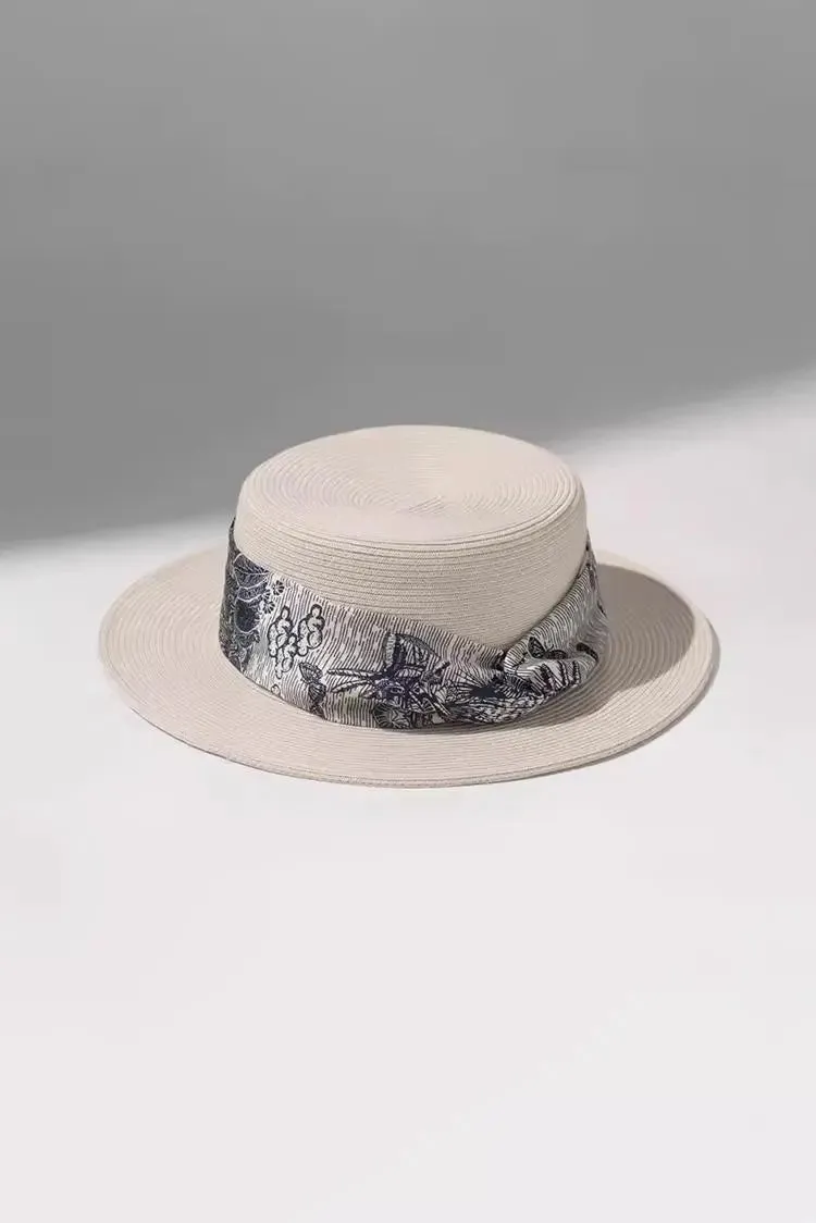 Summer Wide-brim Straw Boater Hat with Ribbon